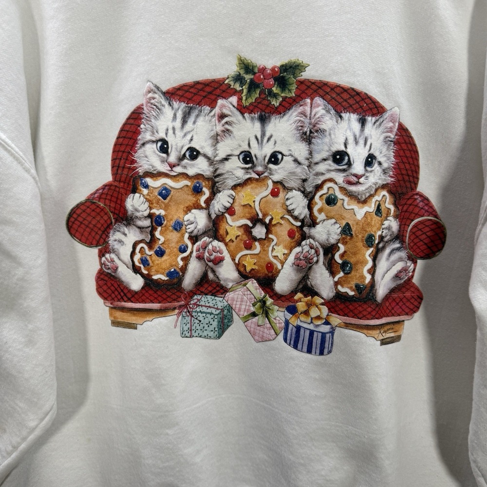 Vintage Jerzees Sweatshirt Womens XL White Crewneck Cats Winter Christmas Y2K - Picture 12 of 12